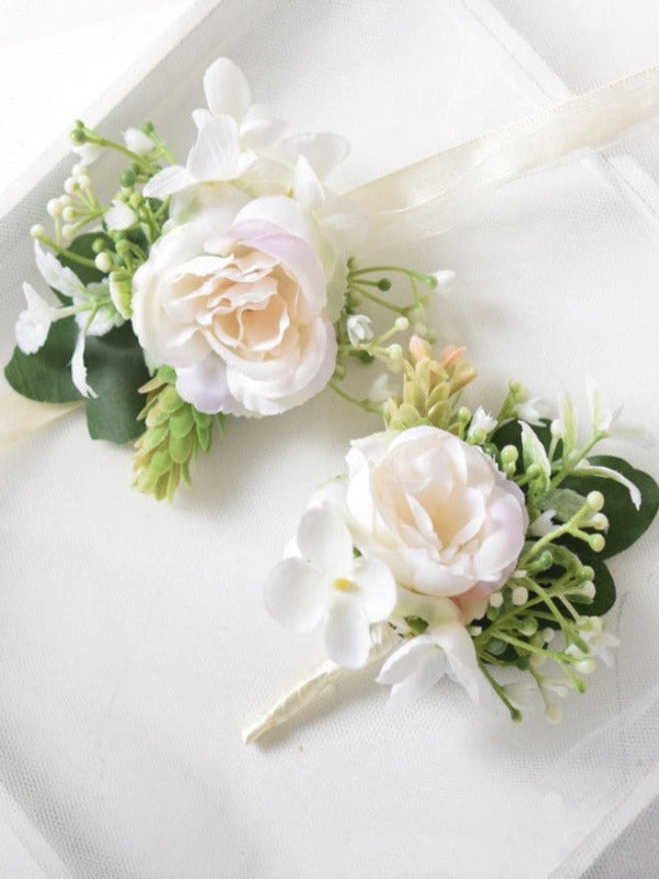 White Champagne Artificial Flower Wrist Corsages Wedding Boutonnieres WH9079