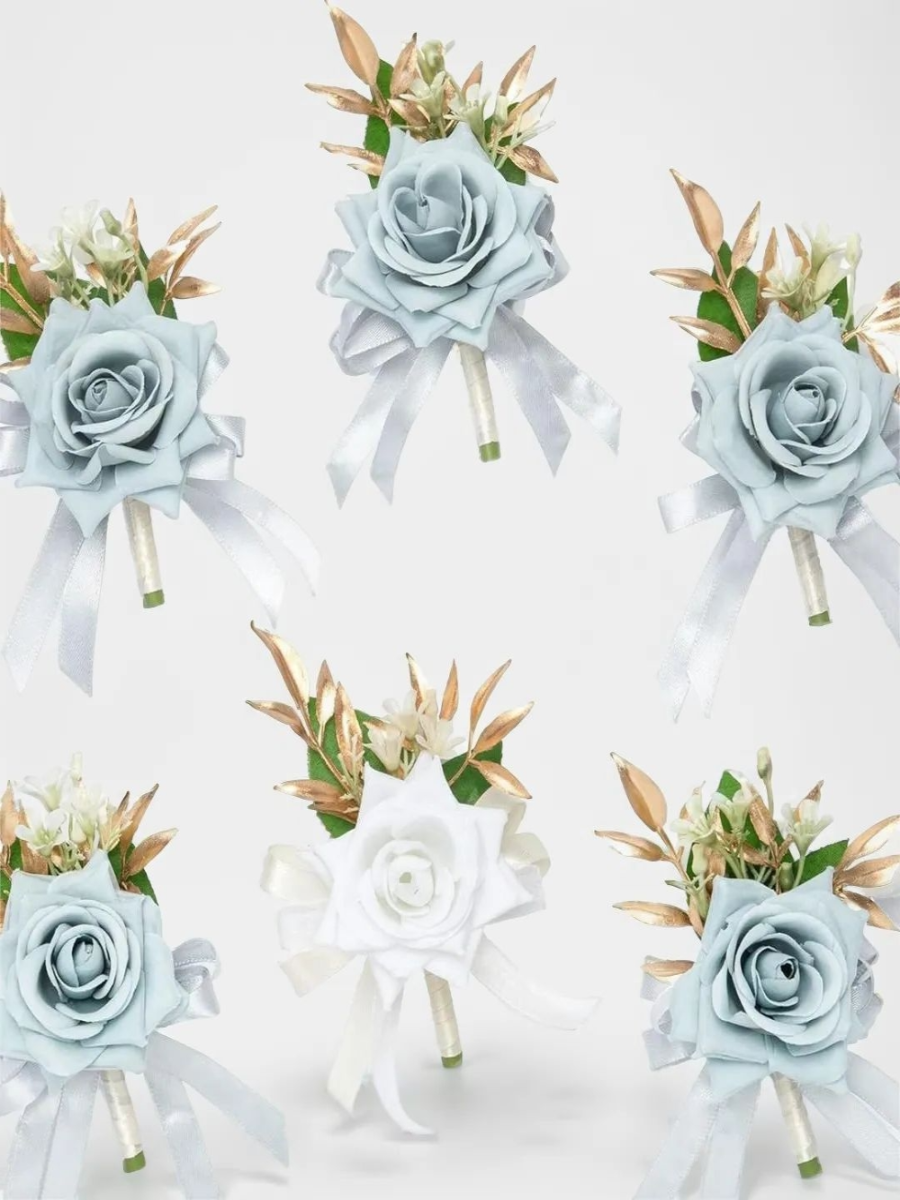 1+5 White Gray Blue Artificial Flower Wedding Boutonnieres LH2026