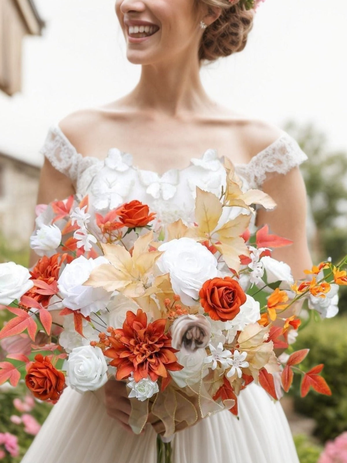 White Orange Fake Floral Artificial Flowers DIY Wedding Bouquet Box Set HH1537