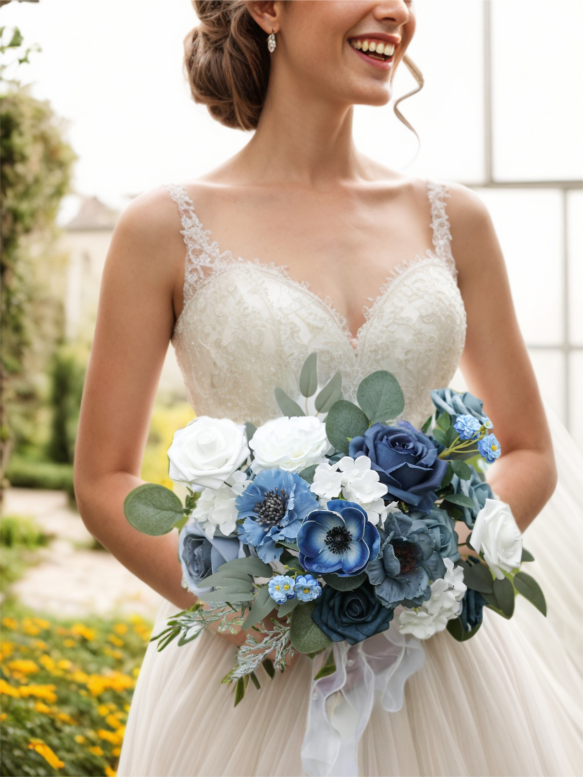 Blue Fake Floral Artificial Flowers DIY Wedding Bouquet Box Set HH1225