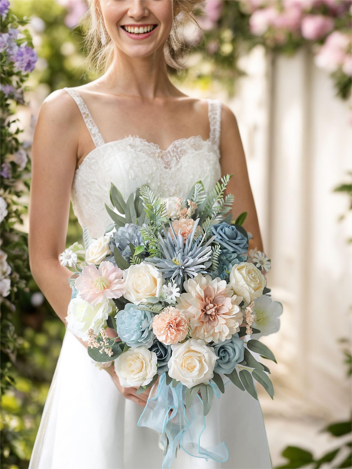 Blue Nude Fake Floral Artificial Flowers DIY Wedding Bouquet Box Set HH1601