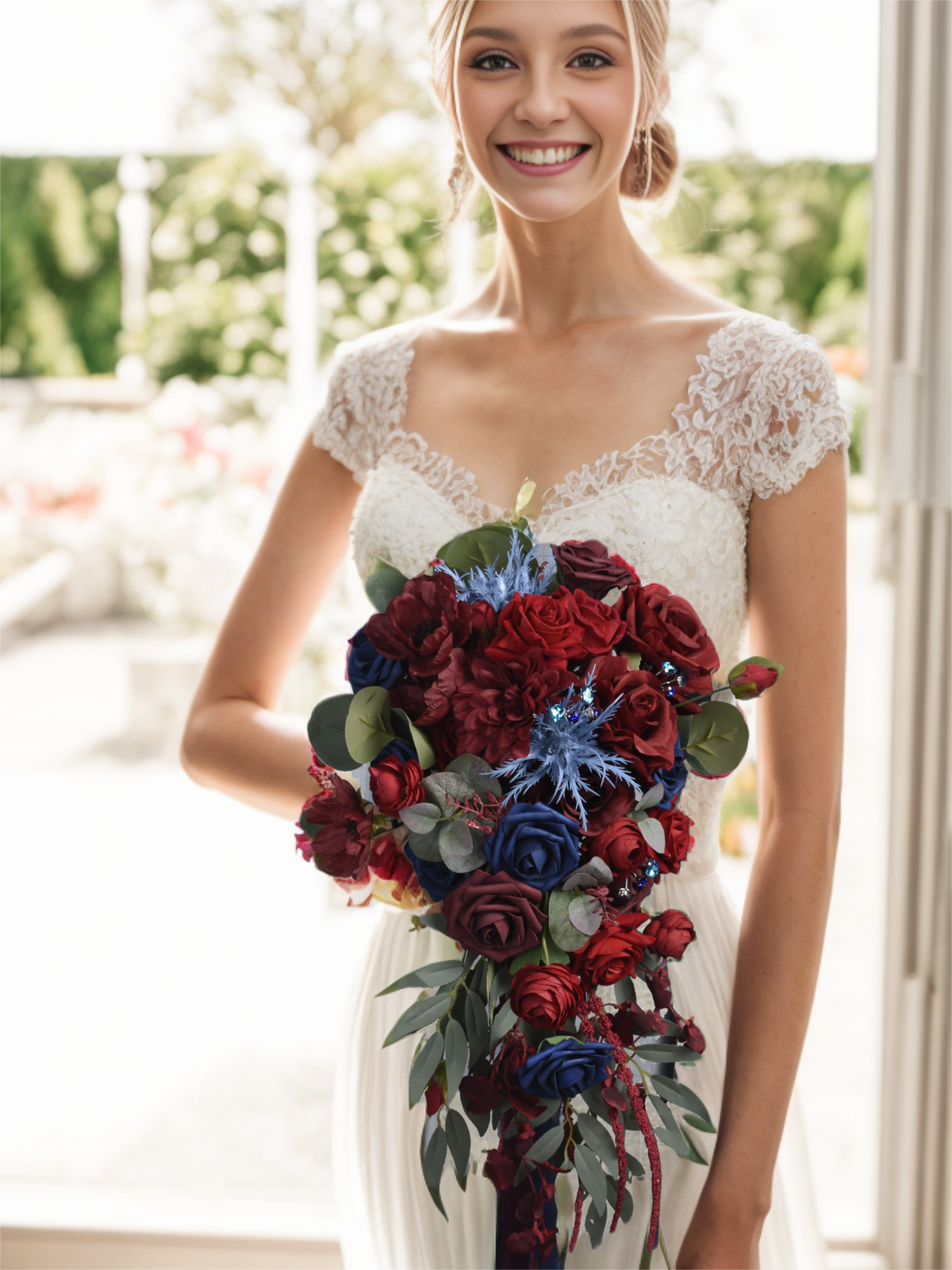 Burgundy & Navy Blue Artificial Flower Wedding Bridal Bouquets SP9005