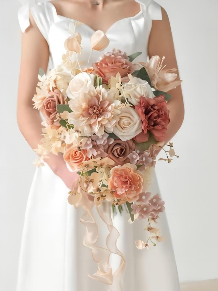 Beige Fake Floral Artificial Flowers DIY Wedding Bouquet Box Set HH1506