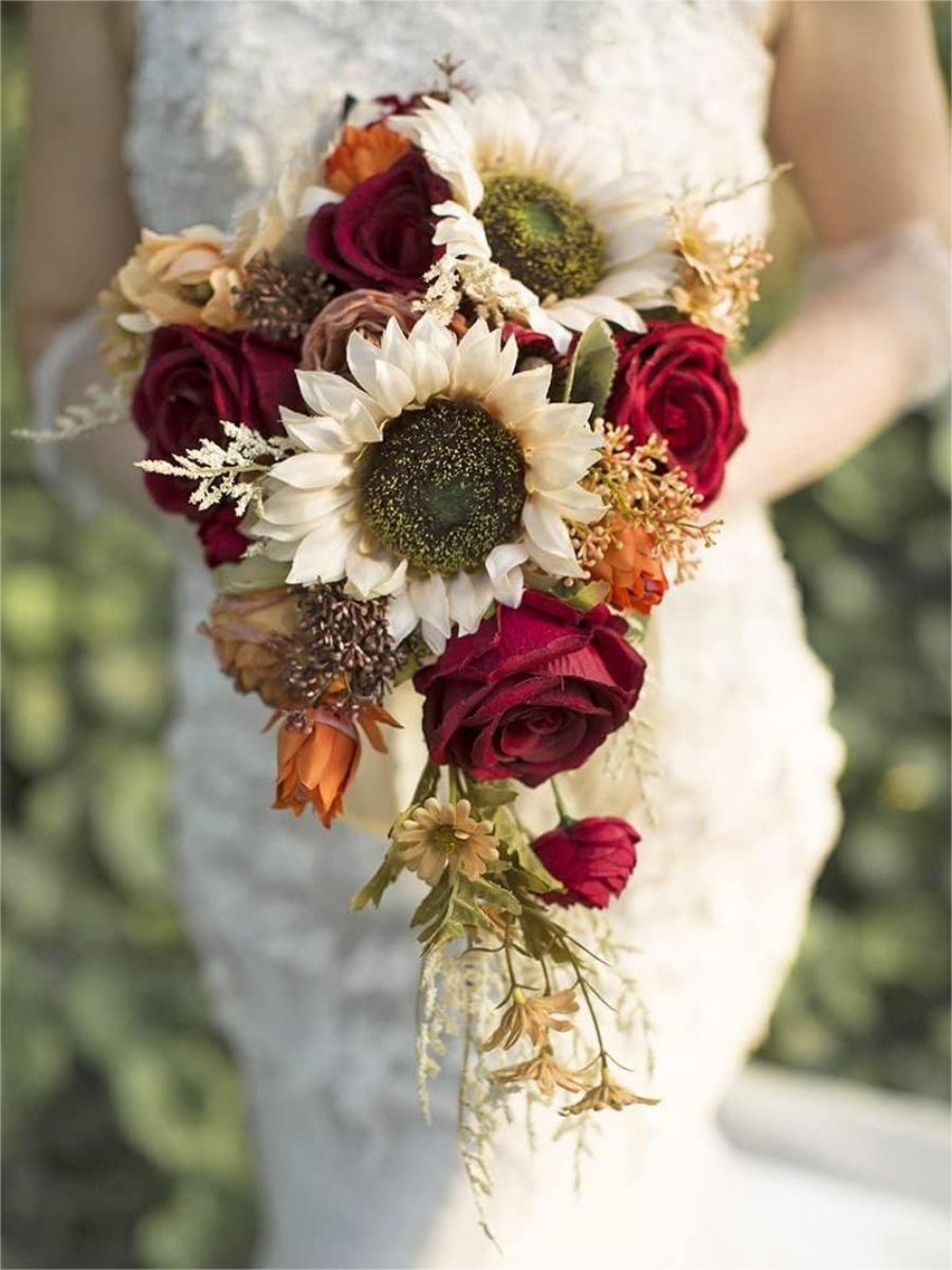 Red Orange 10” Artificial Flower Wedding Bridal Bouquets SP2021