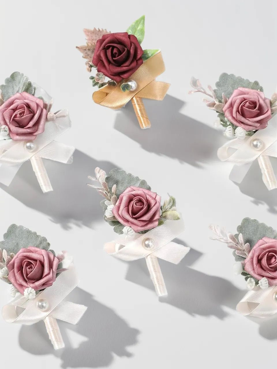 1+5 Burgundy Dusty Rose Artificial Flower Wedding Boutonnieres LH2046