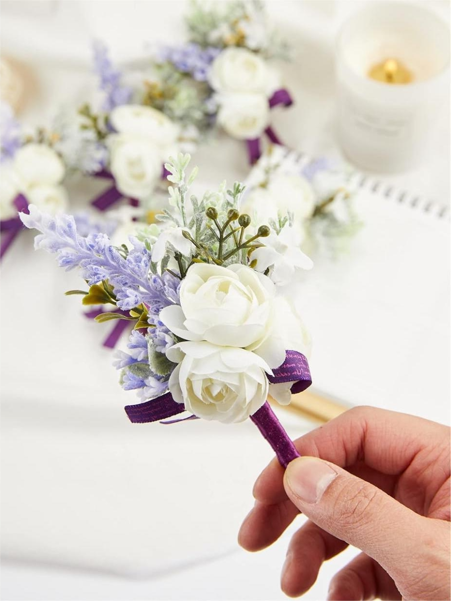 White Purple Artificial Flower Wedding Boutonnieres LH2021