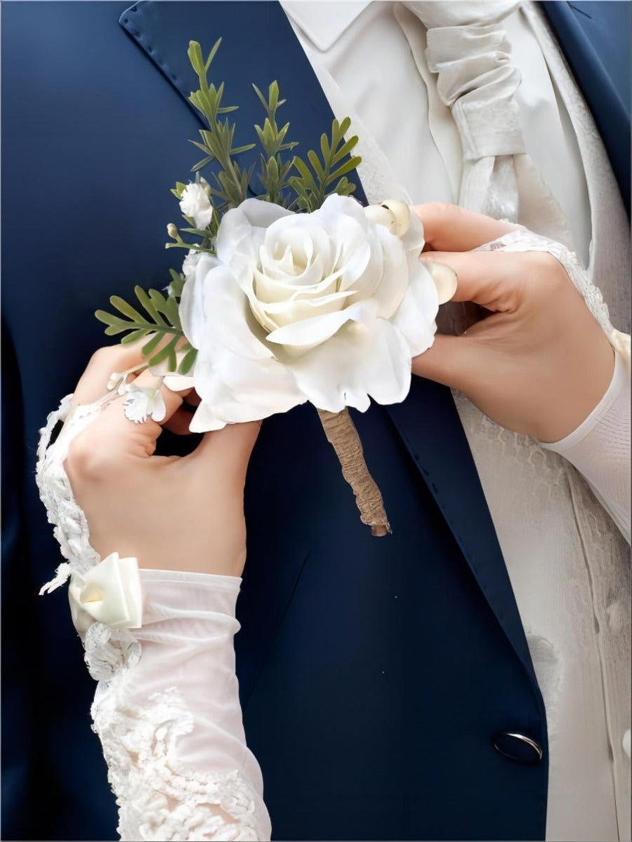 White Artificial Flower Wedding Boutonniere LS7628