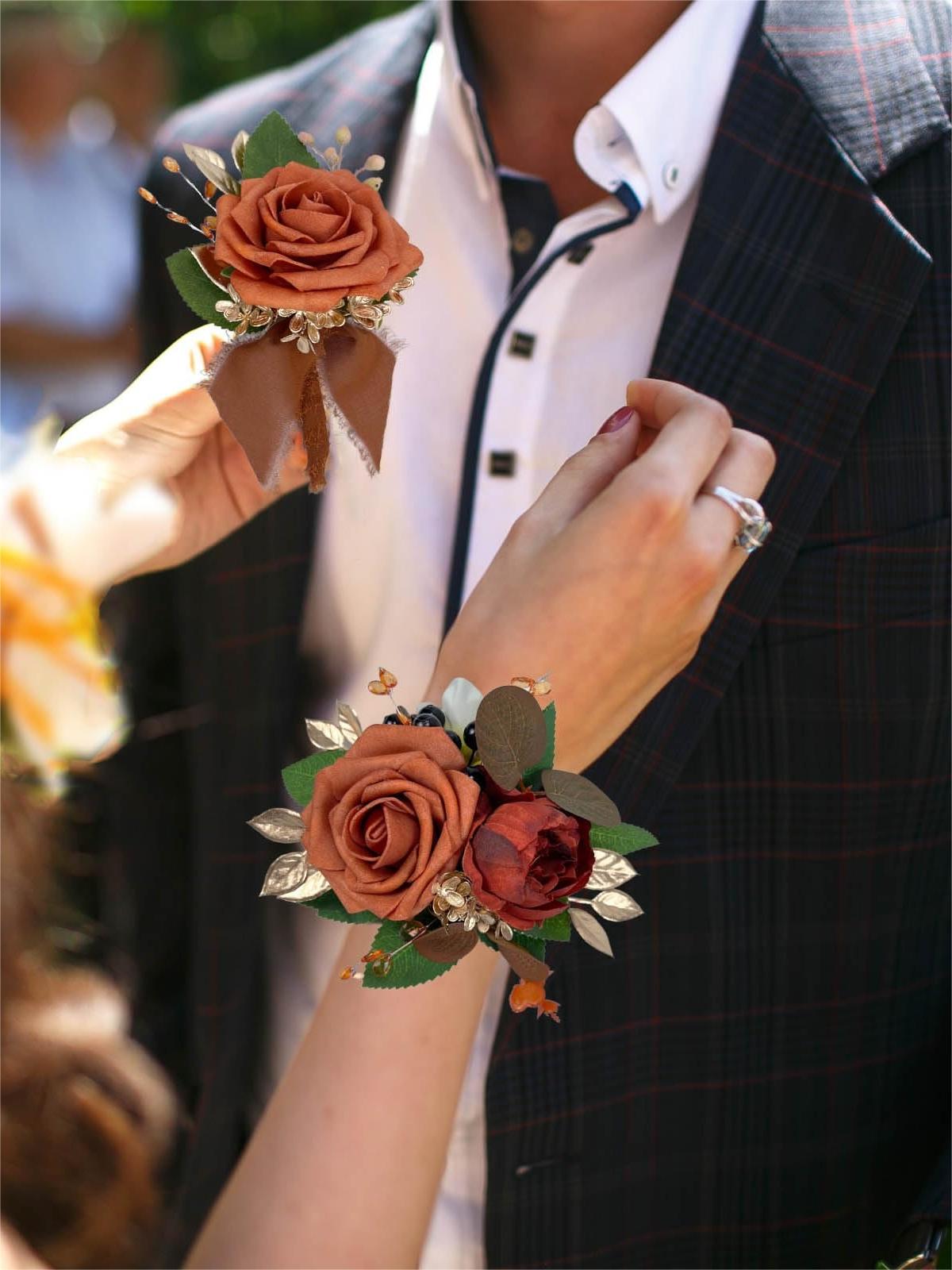 Sunset Terracotta Artificial Flower Wrist Corsages Wedding Boutonniere LS7629