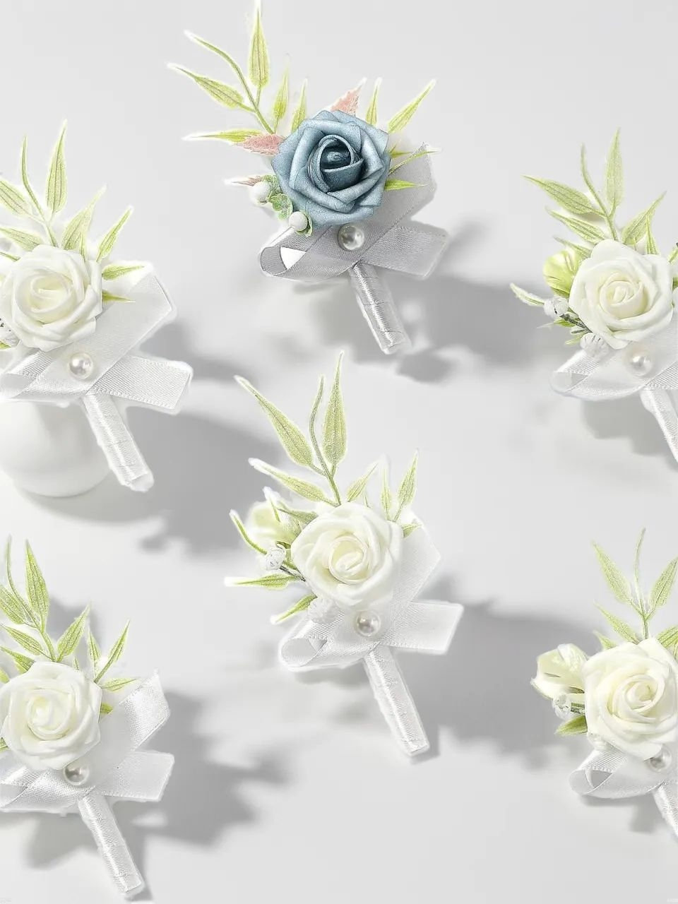 1+5 Dusty Blue White Artificial Flower Wedding Boutonnieres LH2048