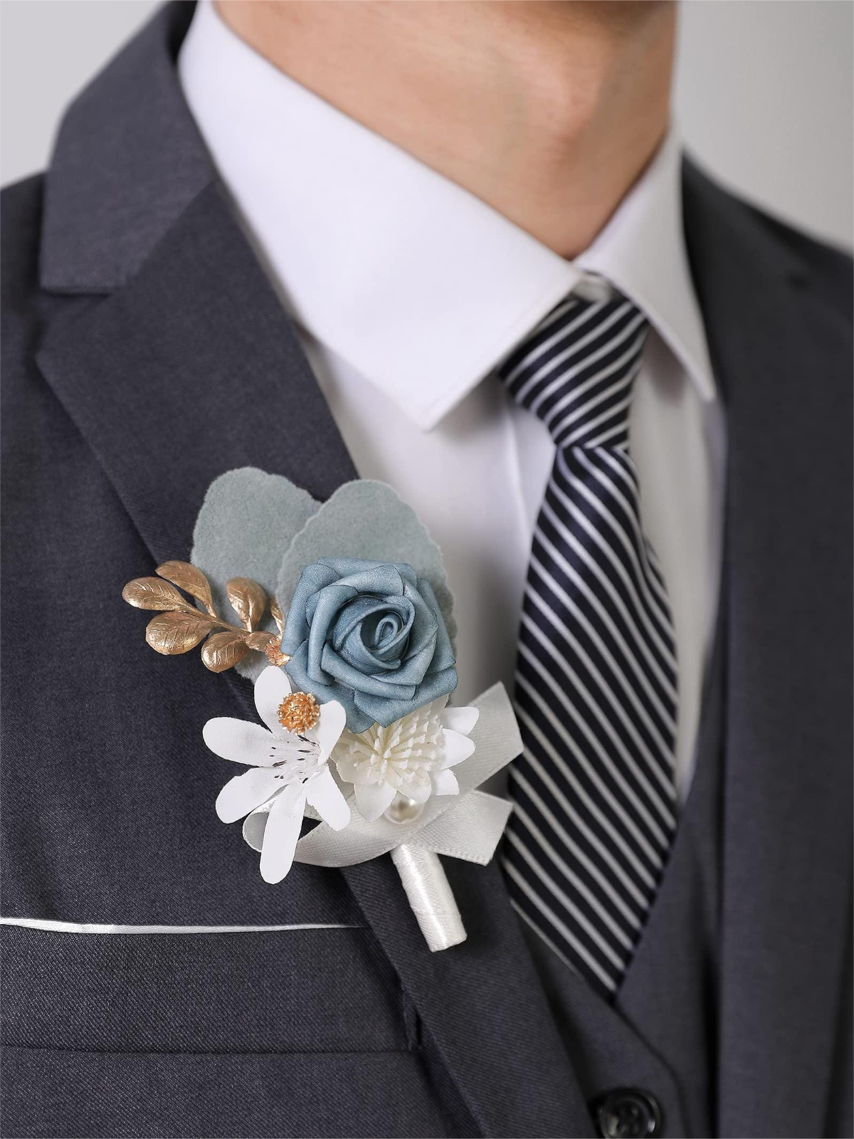 Dusty Blue Artificial Flower Wedding Boutonnieres LH2040