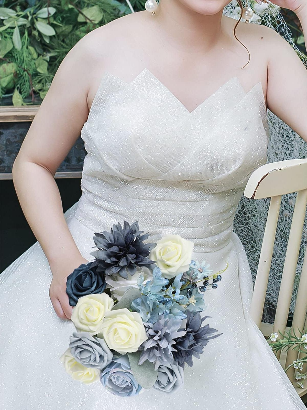 Grayish Blue Fake Floral Artificial Flowers DIY Wedding Bouquet Box Set HH6905