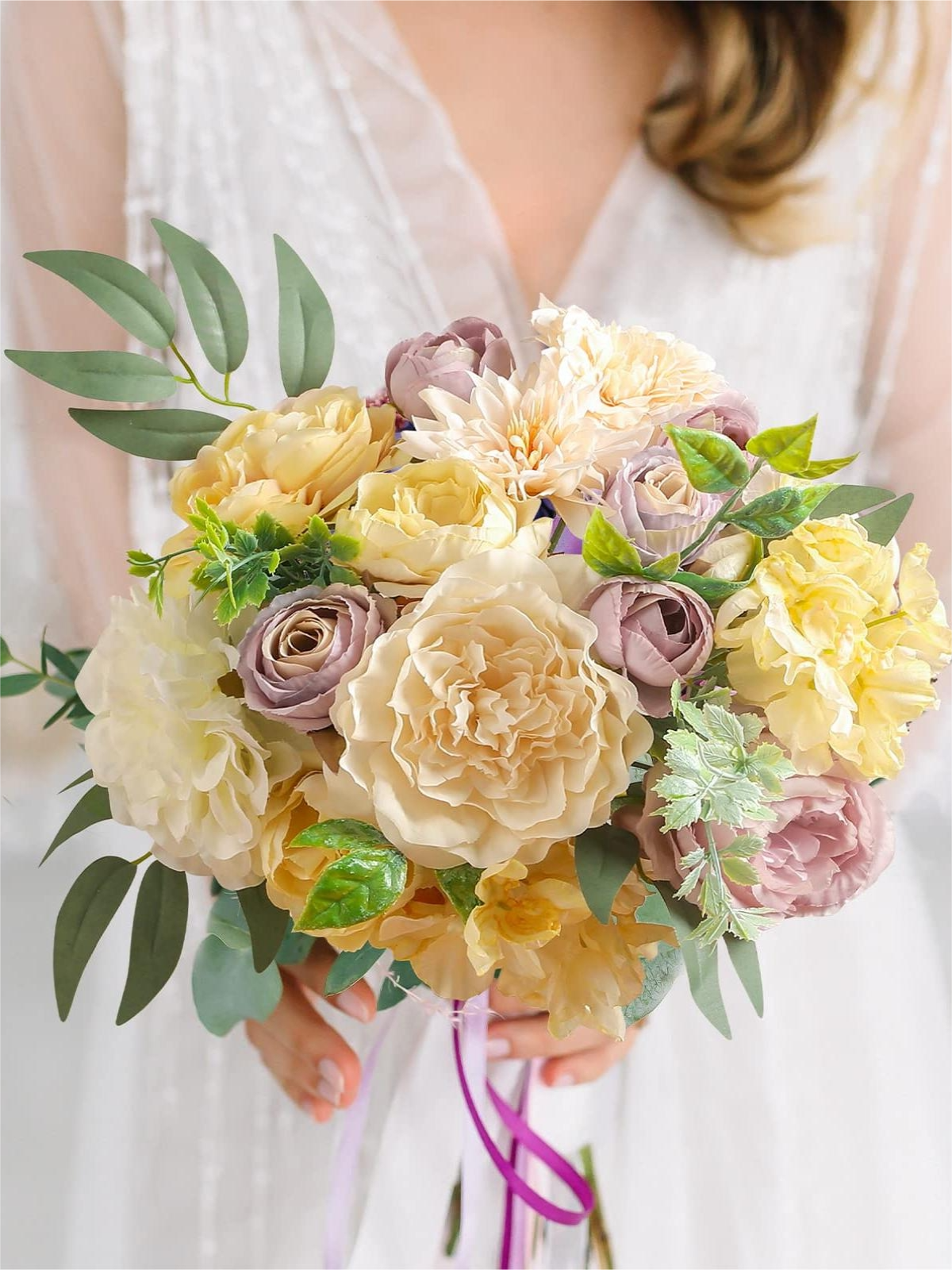 Light Yellow Fake Floral Artificial Flowers DIY Wedding Bouquet Box Set HH1081