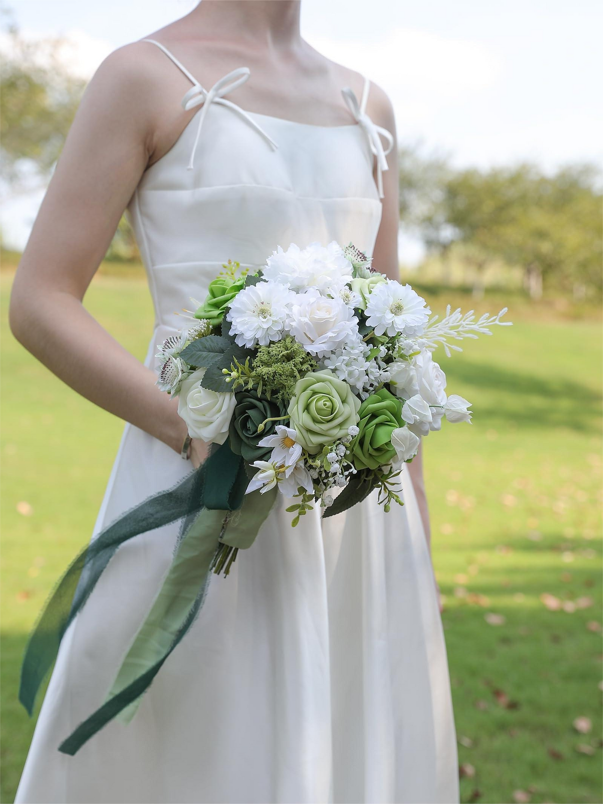 White Green Fake Floral Artificial Flowers DIY Wedding Bouquet Box Set HH1232