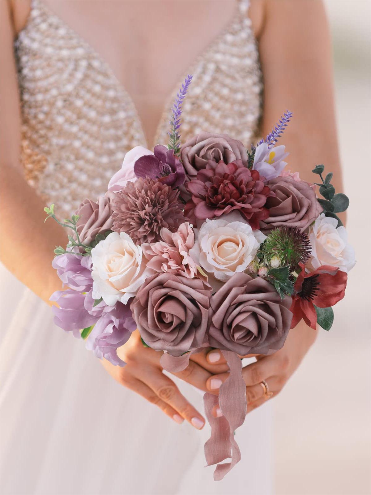 Purple Fake Floral Artificial Flowers DIY Wedding Bouquet Box Set HH1083