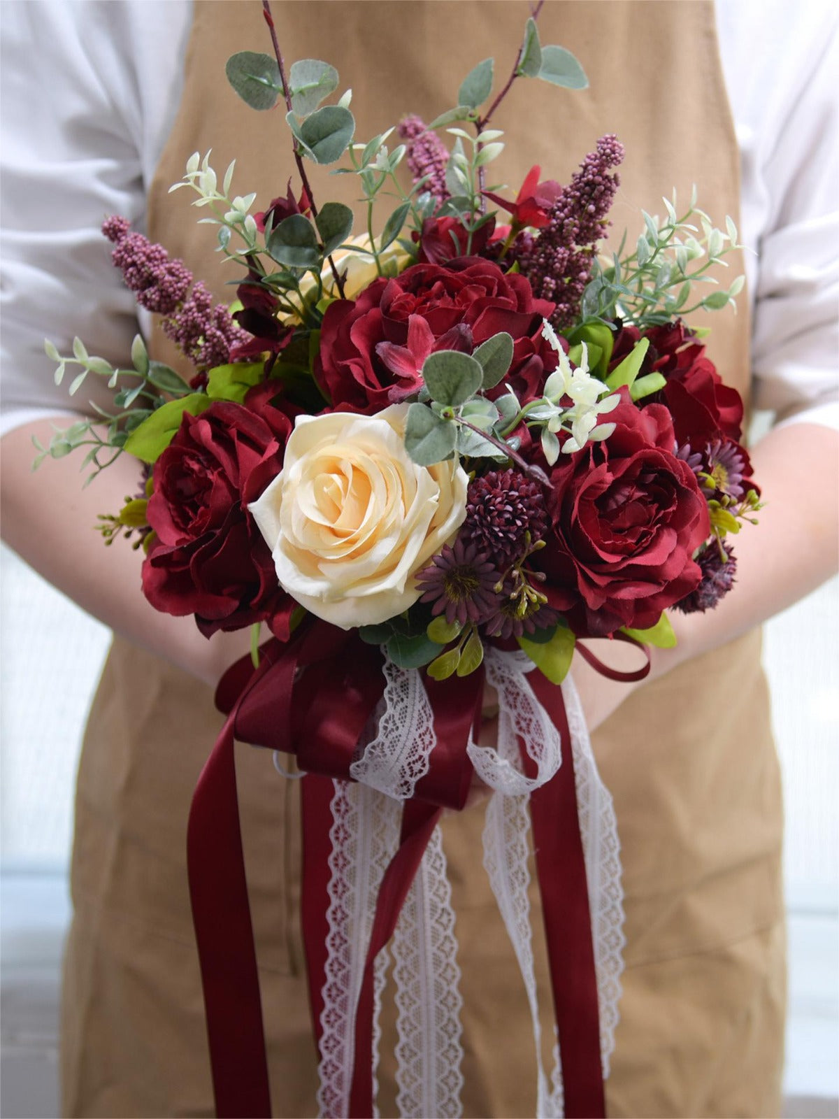 Burgundy & White Artificial Flower Wedding Bridal Bouquets SP7027