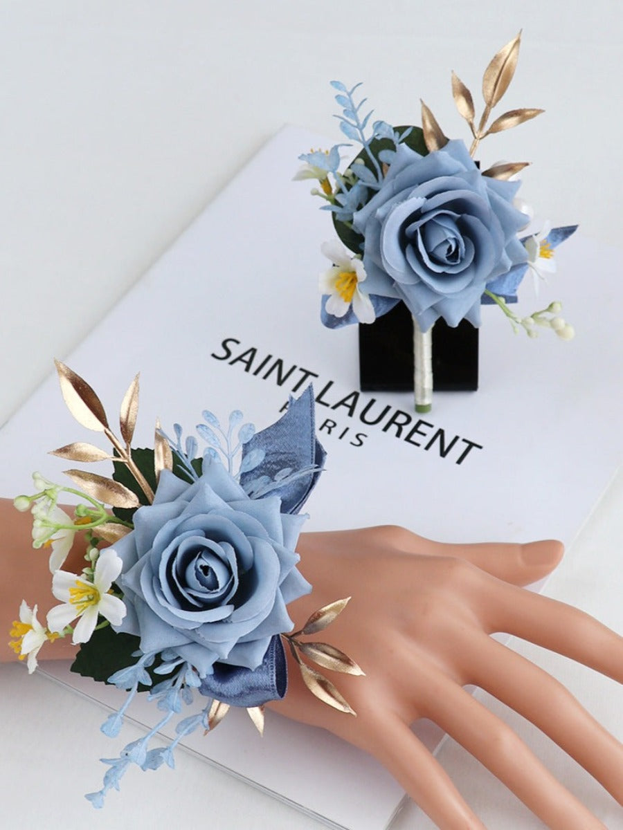 Dust Blue Artificial Flower Wrist Corsages Wedding Boutonnieres WH9029-1