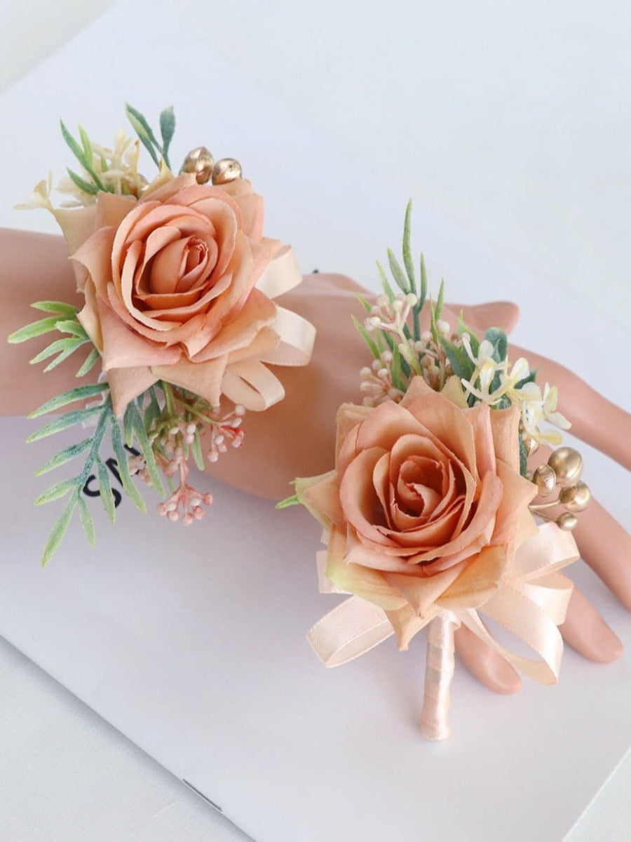 Light Orange Artificial Flower Wrist Corsages Wedding Boutonnieres WH9002