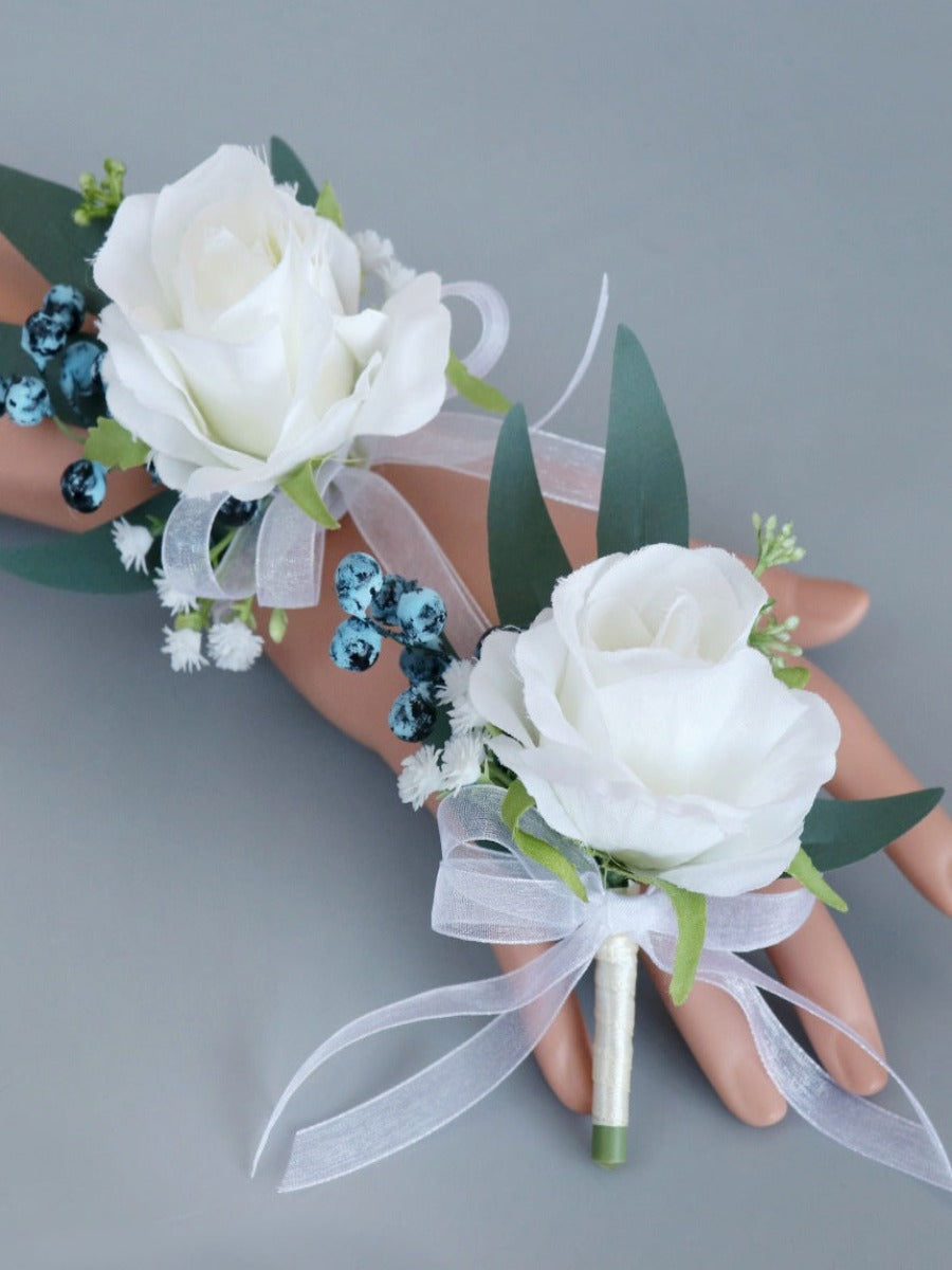 White Artificial Flower Wrist Corsages Wedding Boutonnieres WH9036