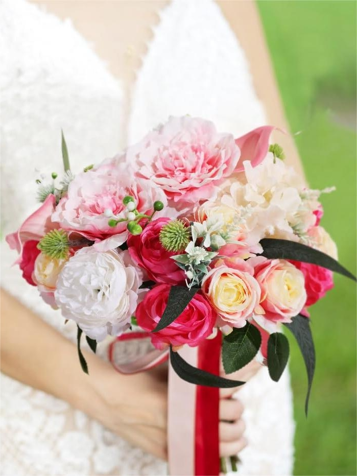 White pink Fake Floral Artificial Flowers DIY Wedding Bouquet Box Set HH6005