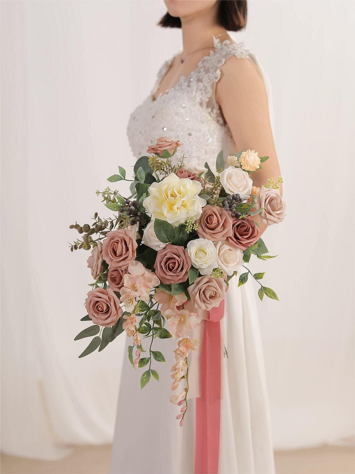 Dusty Rose Fake Floral Artificial Flowers DIY Wedding Bouquet Box Set HH1512