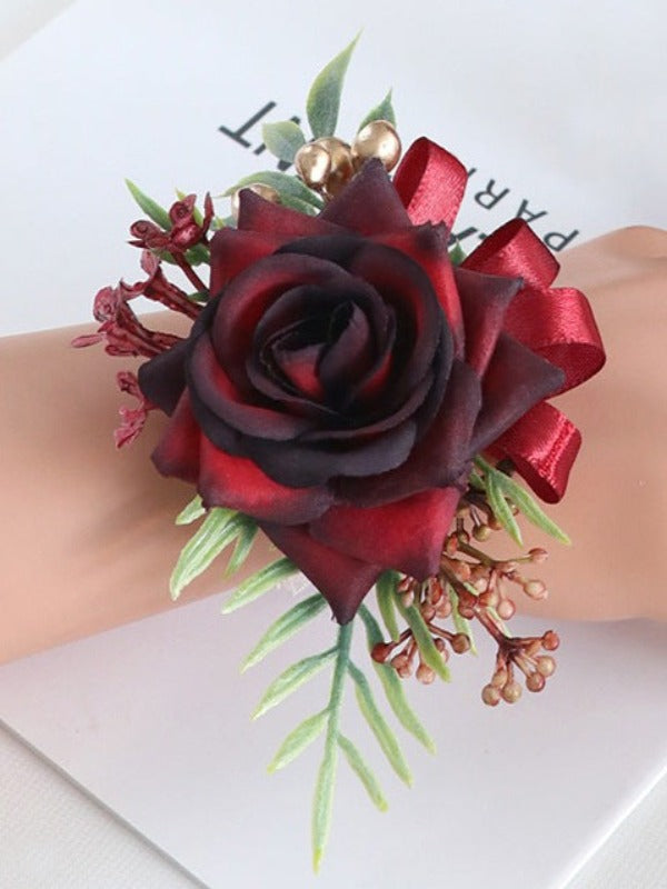 Burgundy Artificial Flower Wrist Corsages Wedding Boutonnieres WH9002-3