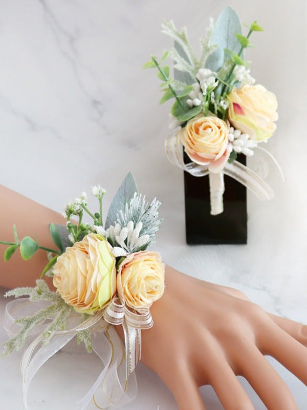 Light Yellow Artificial Flower Wrist Corsages Wedding Boutonnieres WH9024