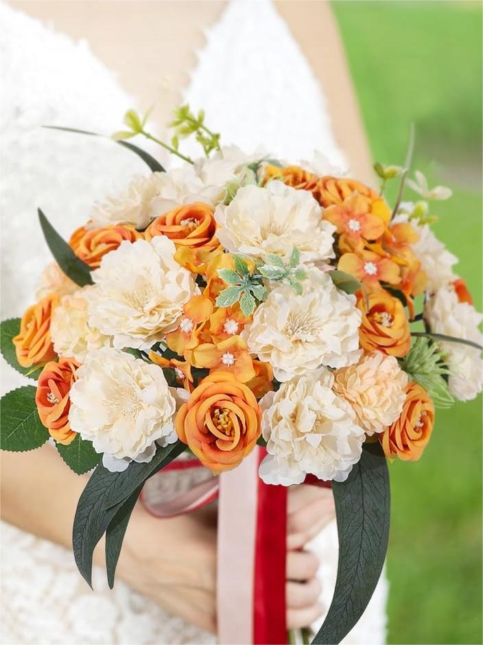 Orange Fake Floral Artificial Flowers DIY Wedding Bouquet Box Set HH6001