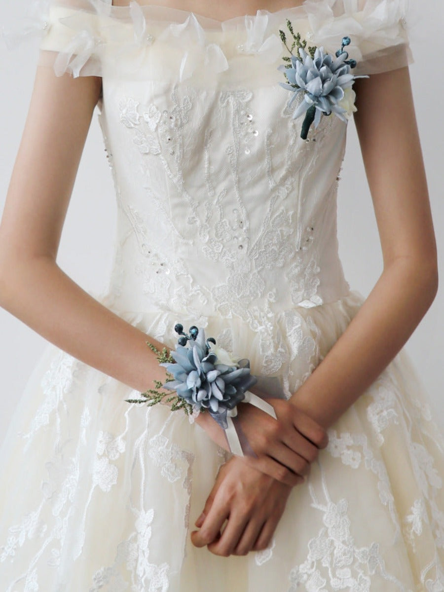 Dust Blue Artificial Flower Wrist Corsages Wedding Boutonnieres WH9005
