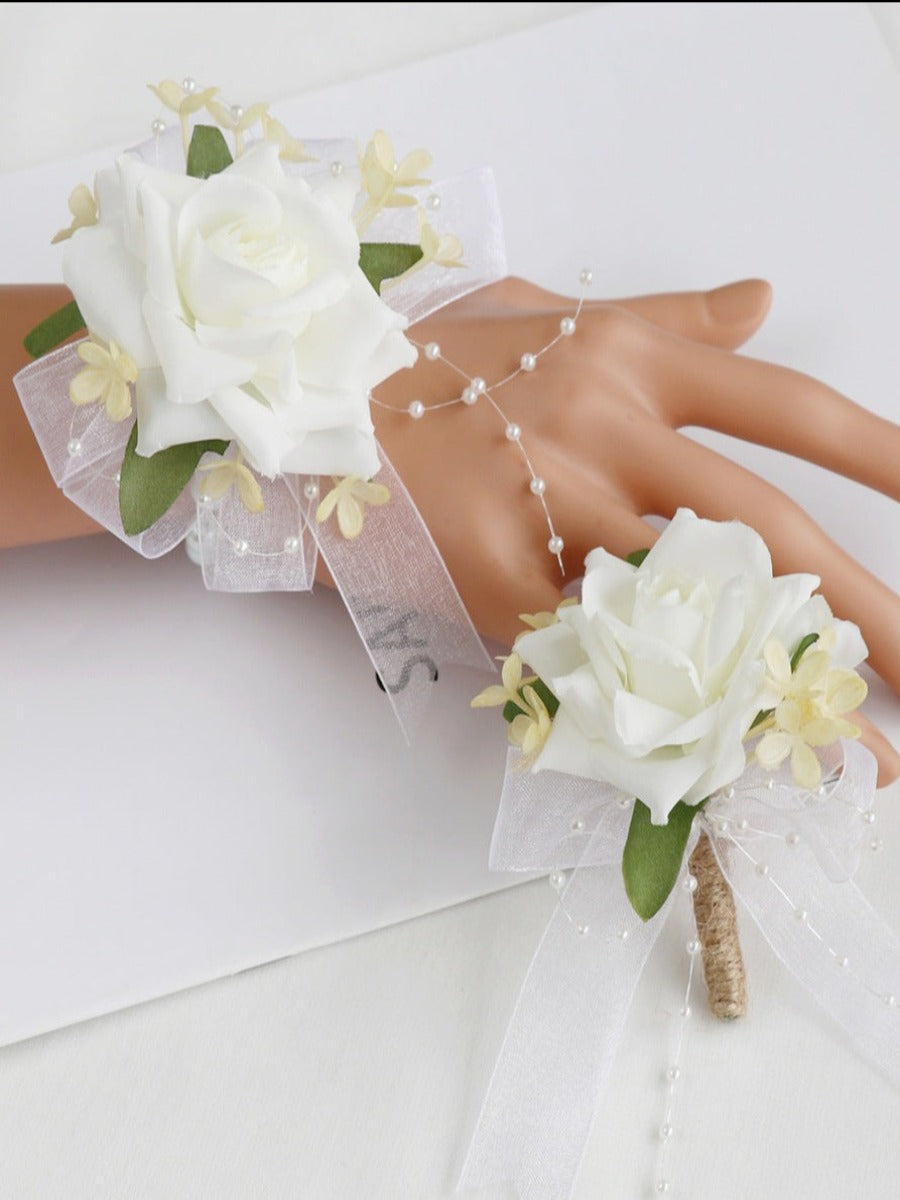 White Artificial Flower Wrist Corsages Wedding Boutonnieres WH9031
