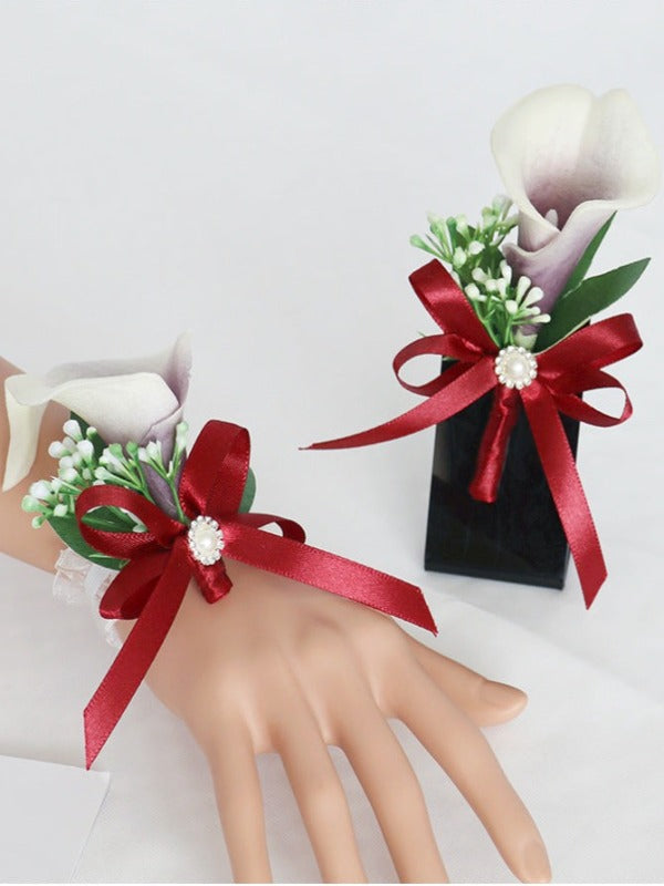 White Purple Artificial Flower Wrist Corsages Wedding Boutonnieres WH9037