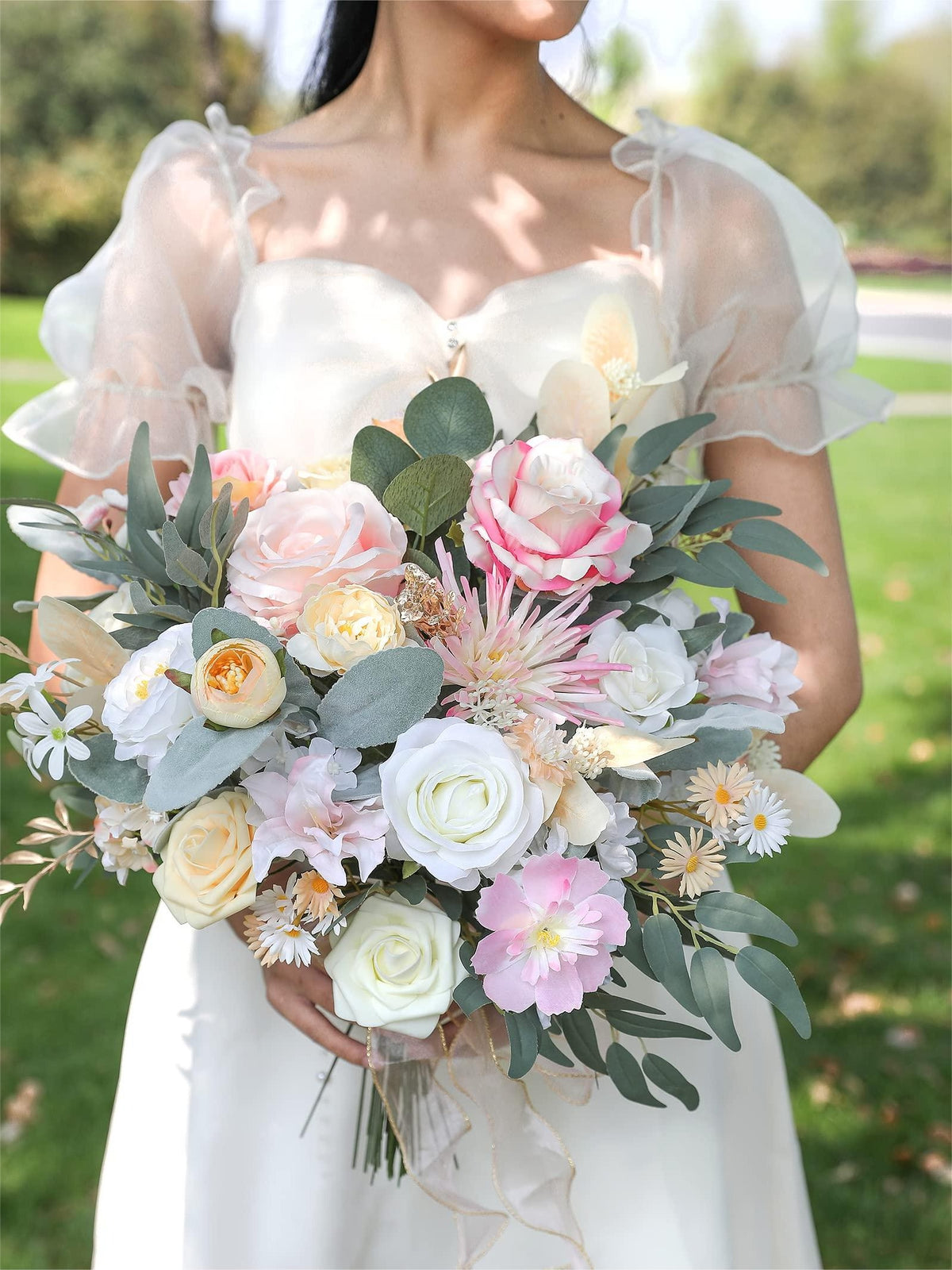 Ivory Pink Fake Floral Artificial Flowers DIY Wedding Bouquet Box Set HH1538