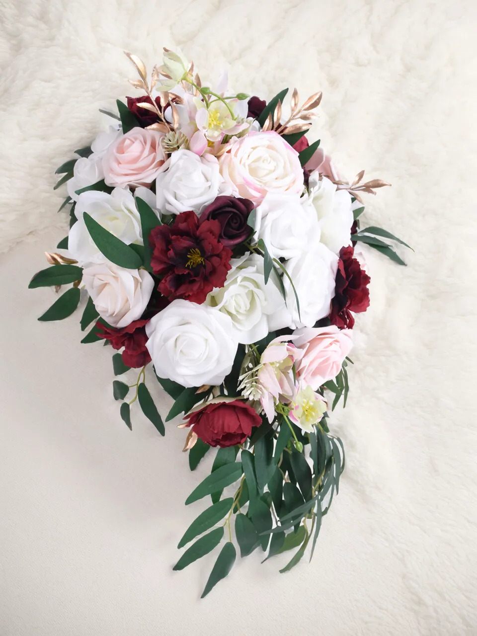 Burgundy & White Artificial Flower Wedding Bridal Bouquets SP9012