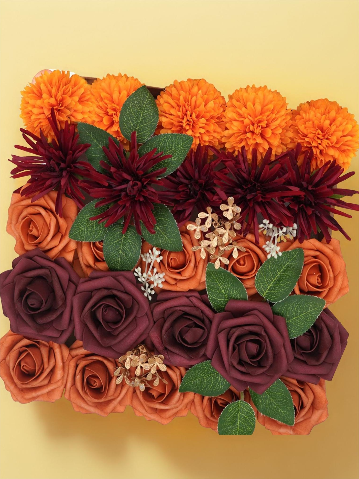Orange Burgundy Fake Floral Artificial Flowers DIY Wedding Bouquet Box Set HH1353