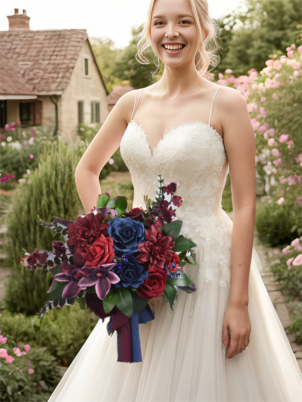 Burgundy & Navy Artificial Flower Wedding Bridal Bouquets SP9017