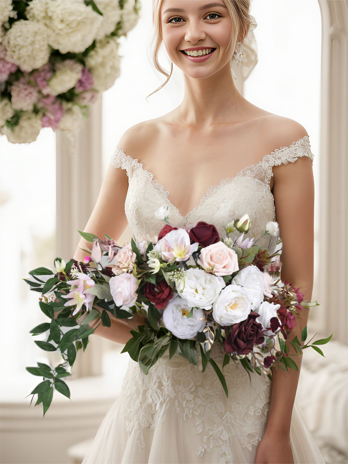 Burgundy & White Artificial Flower Wedding Bridal Bouquets SP9003