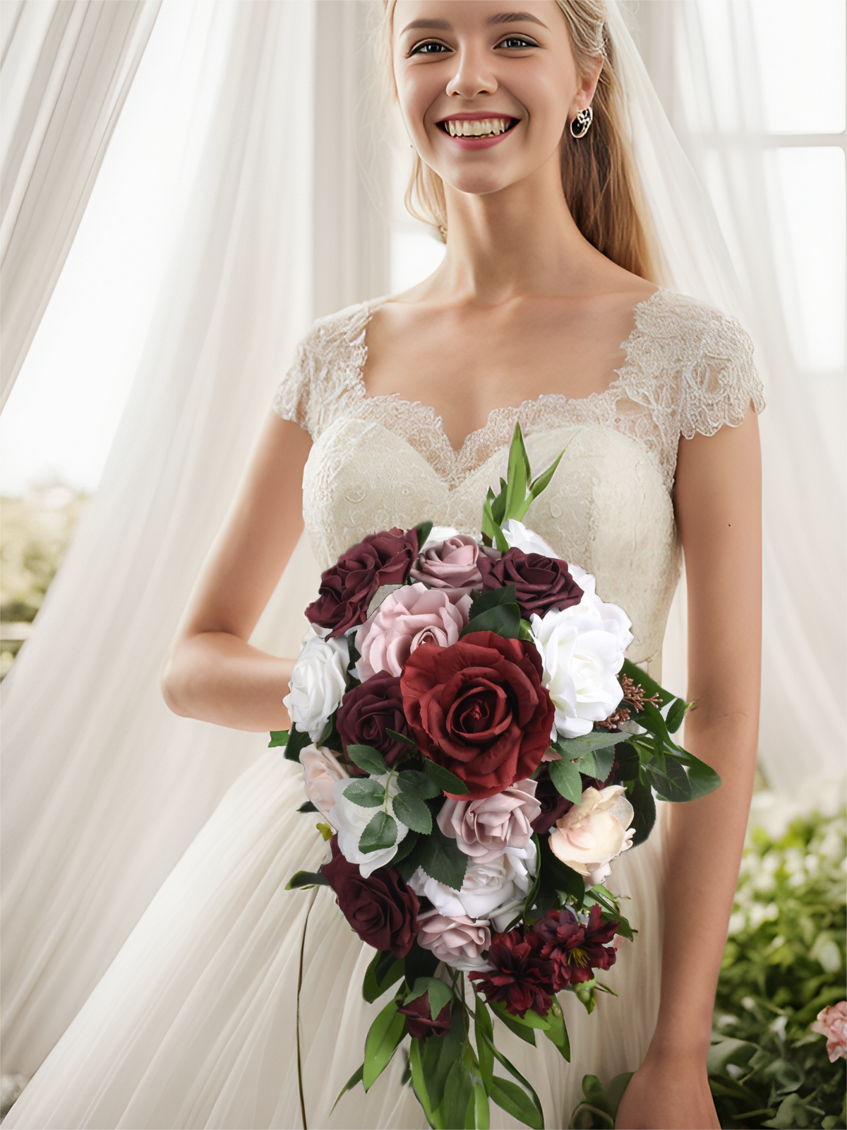 Burgundy & Pink Artificial Flower Wedding Bridal Bouquets SP9024