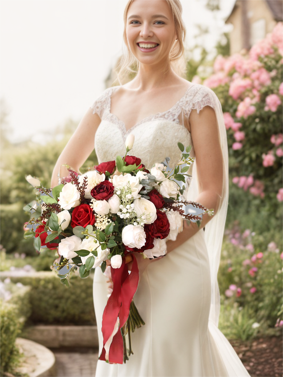 Burgundy & White Artificial Flower Wedding Bridal Bouquets SP7102
