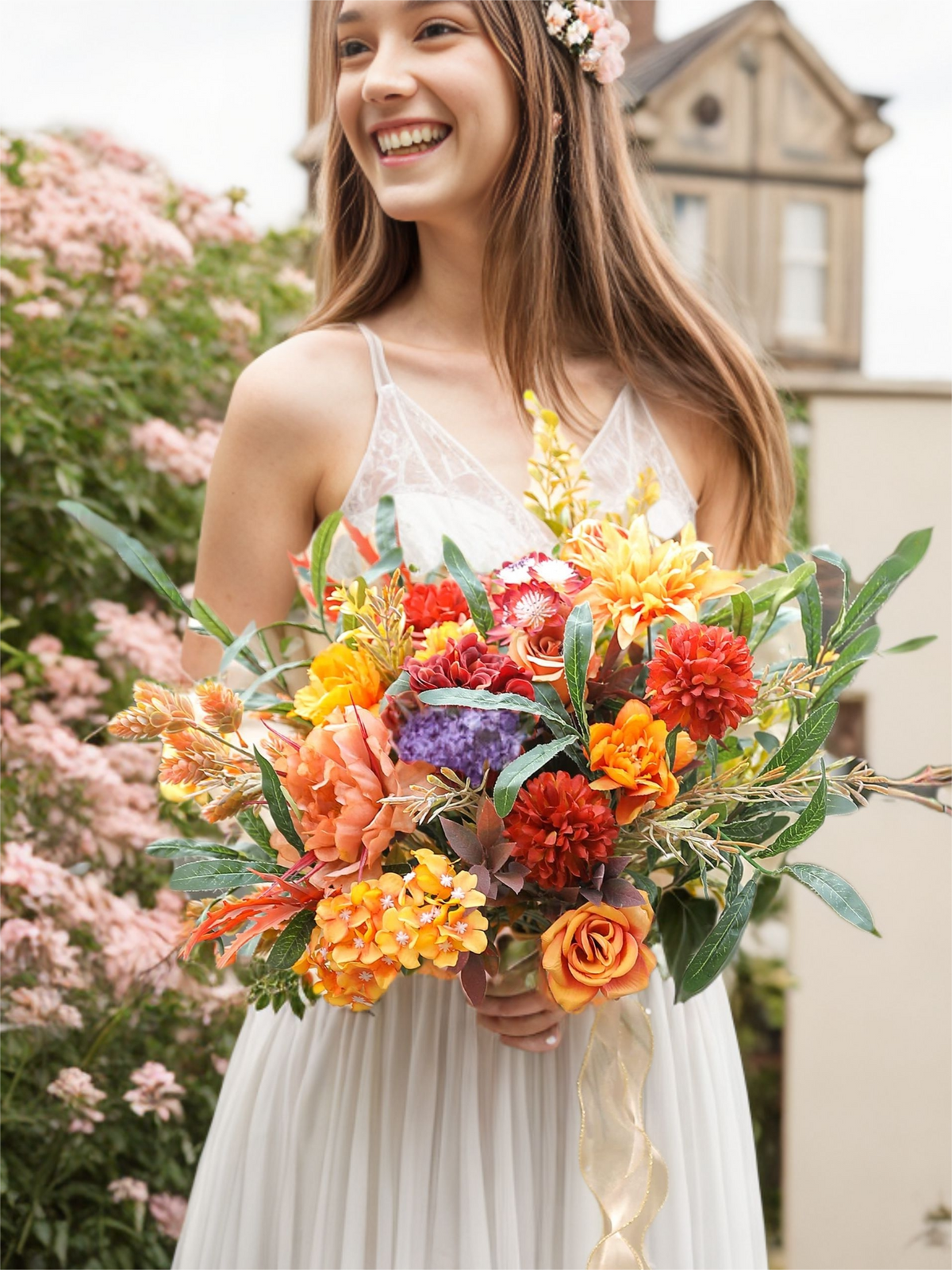 Orange Fake Floral Artificial Flowers DIY Wedding Bouquet Box Set HH1610