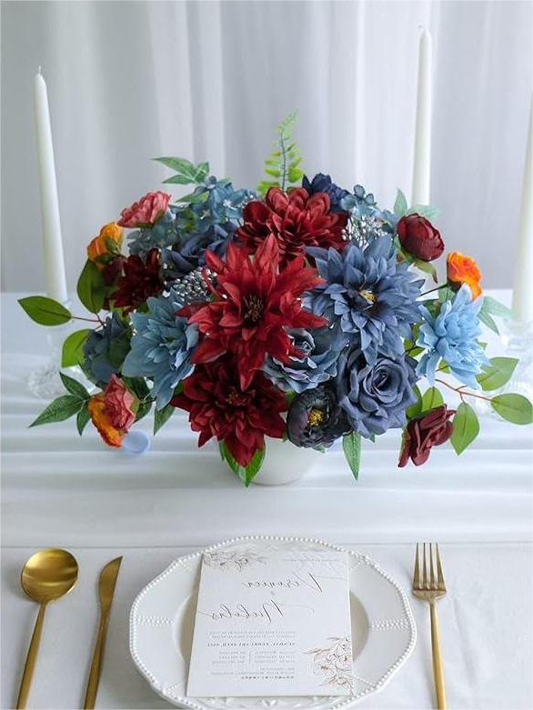 Navy Burgundy Fake Floral Artificial Flowers DIY Wedding Bouquet Box Set HH1925