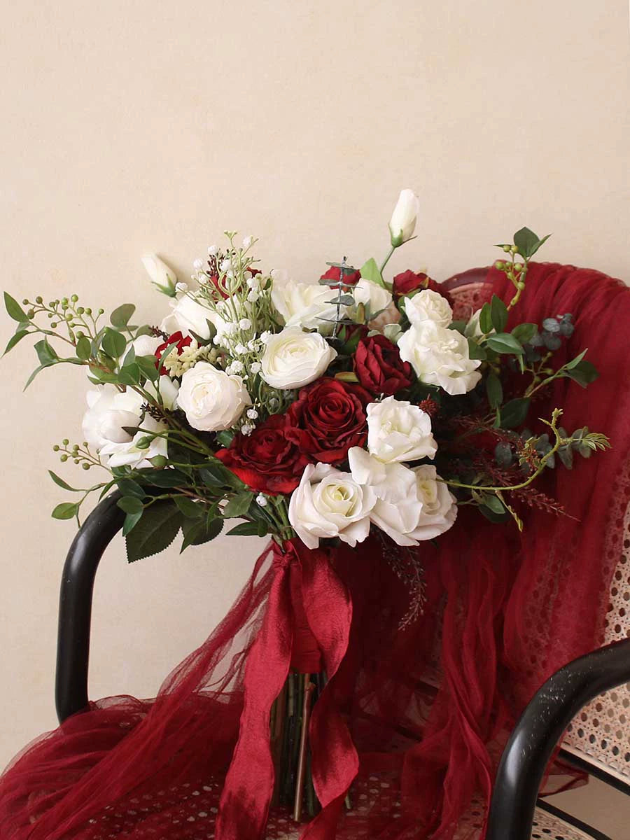 Burgundy & White Artificial Flower Wedding Bridal Bouquets SP7102