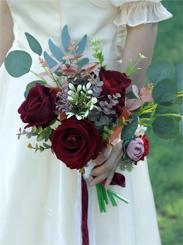 Burgundy & White Artificial Flower Wedding Bridal Bouquets SP7026