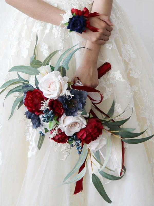 Burgundy & White Artificial Flower Wedding Bridal Bouquets SP7083