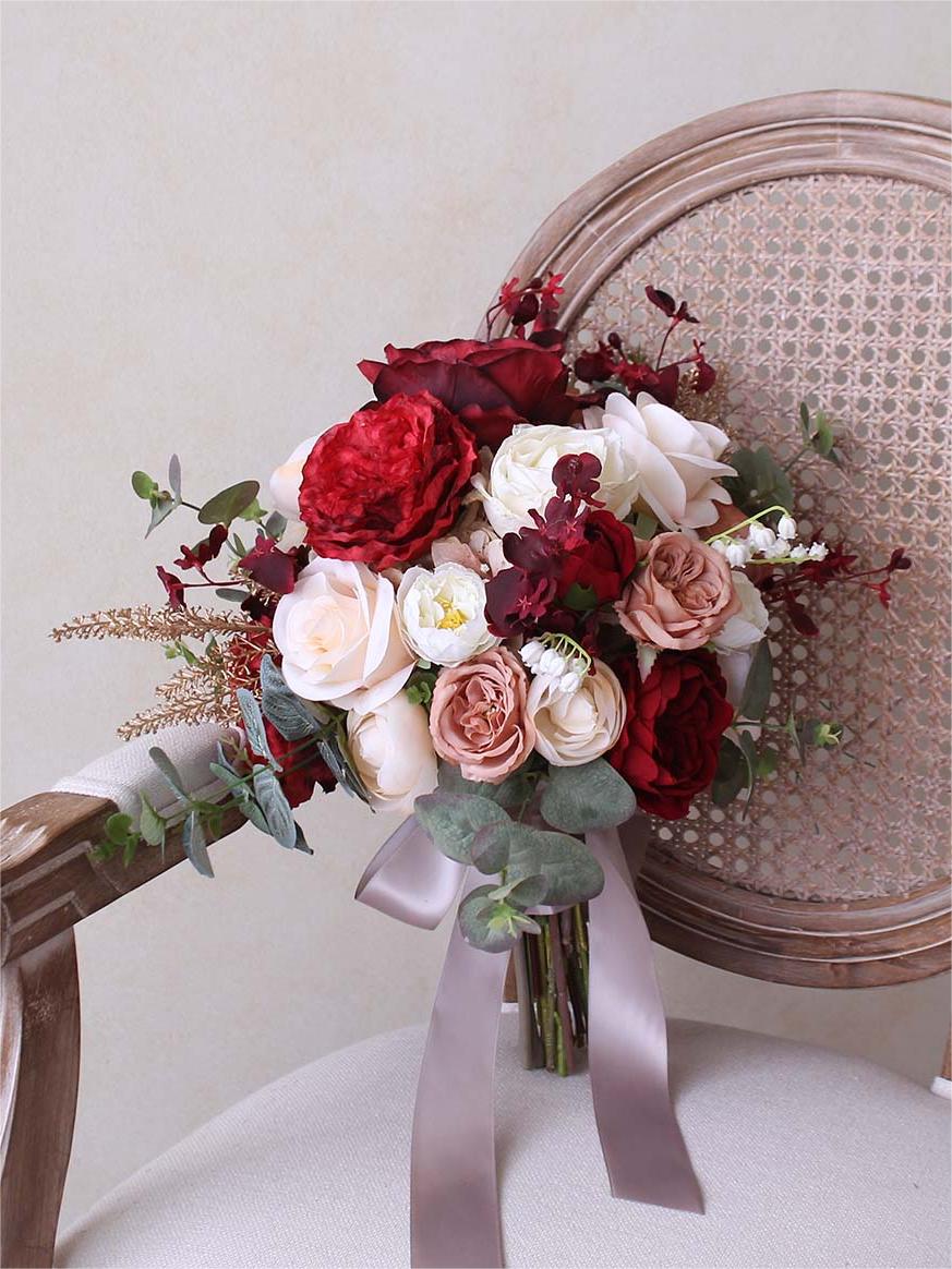 Burgundy & White Artificial Flower Wedding Bridal Bouquets SP7087