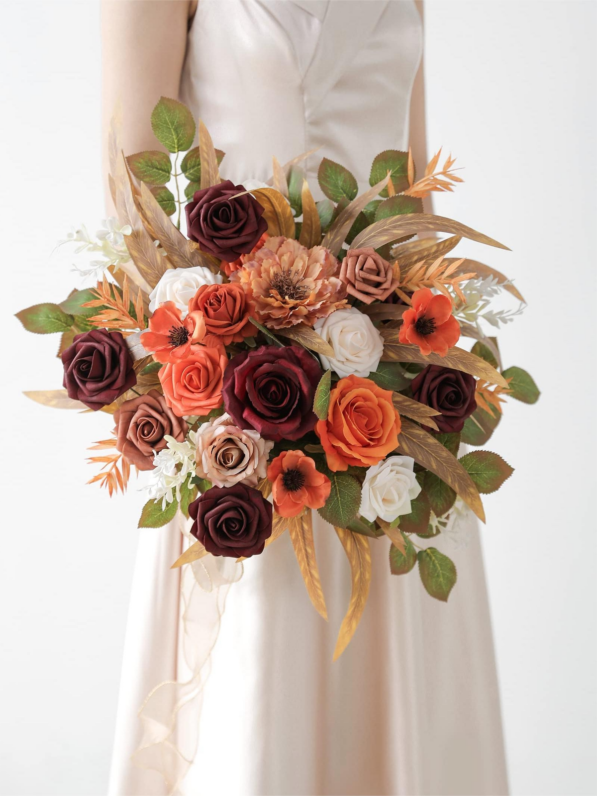 Orange Burgundy Fake Floral Artificial Flowers DIY Wedding Bouquet Box Set HH1609