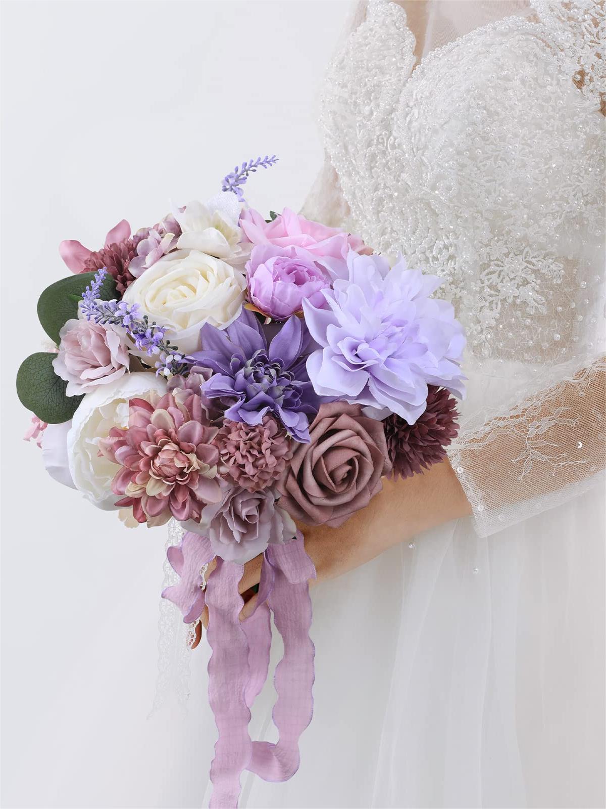 Purple Fake Floral Artificial Flowers DIY Wedding Bouquet Box Set HH1087