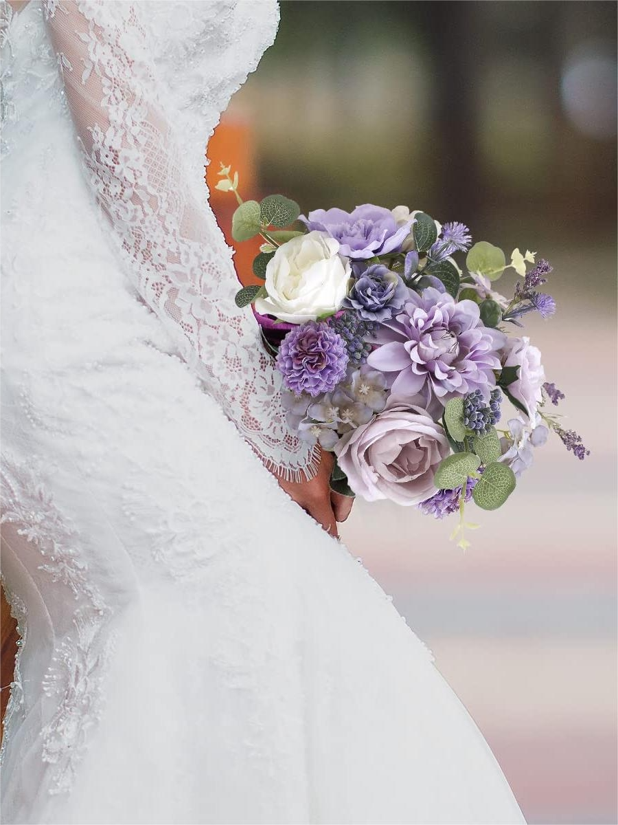 White Purple Fake Floral Artificial Flowers DIY Wedding Bouquet Box Set HH1091